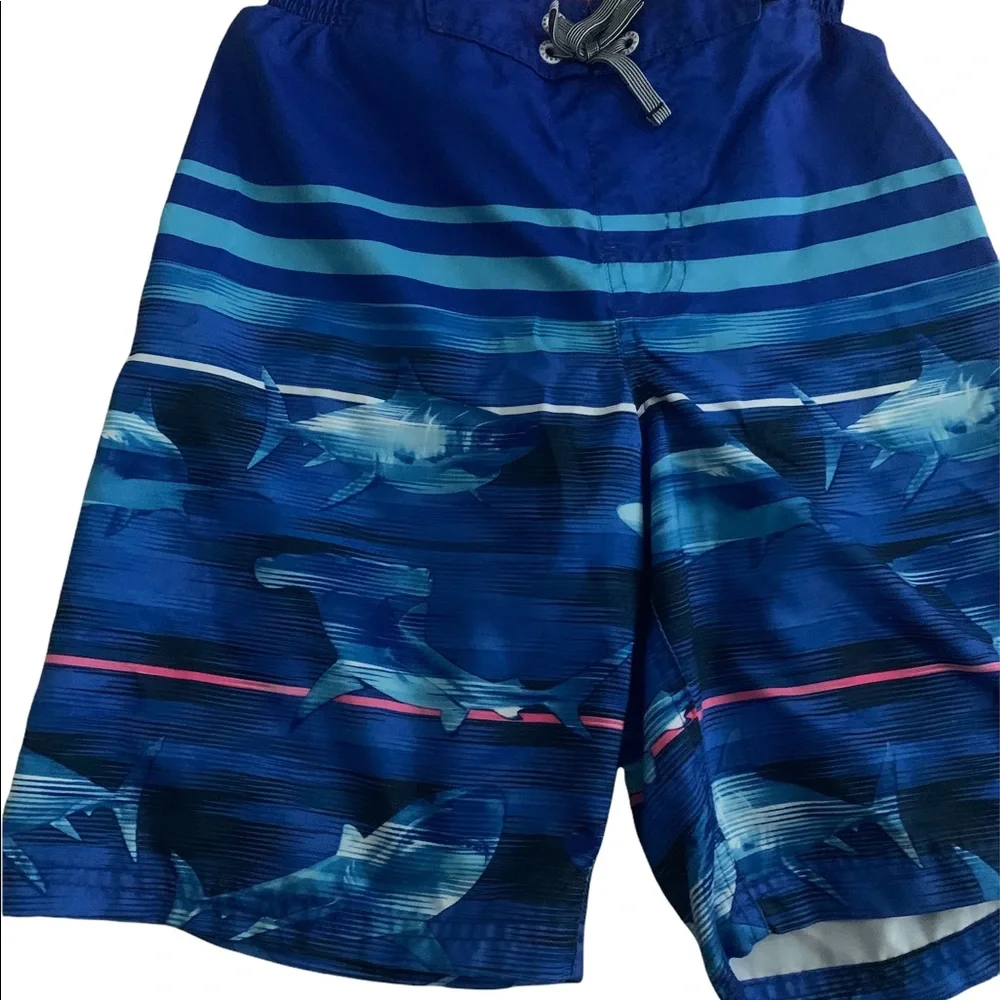 Gerry Gear | Youth Boys Swim Trunks Medium Blue Ocean Shark Hot Pink Stripe